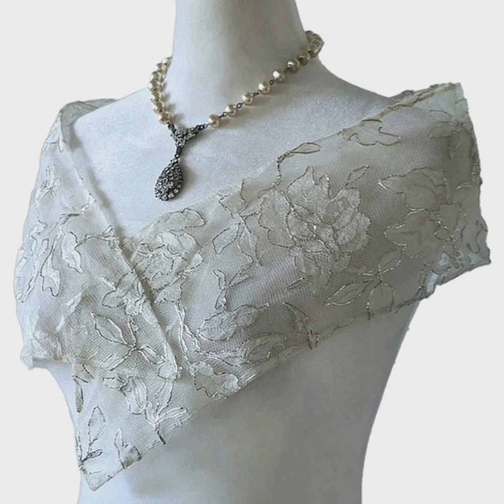 Vintage Ivory + Silver Floral Lace Scarf, Party, Bridal, Wrap